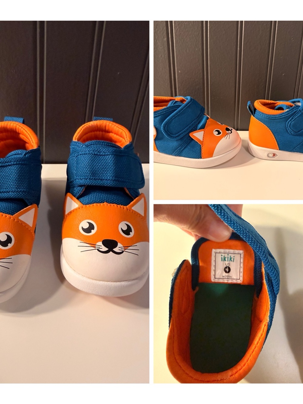 Kids Fox Face Blue and Orange Slip-On Shoes ikiki shoes size 4